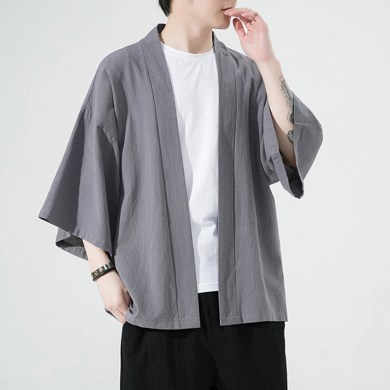 Мъжко палто в китайски стил, ленено-памучна тъкан (61–65% лен), къс модел (40–50 см), лацканова яка, свободен силует