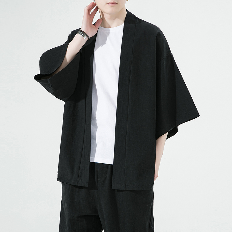 Мъжко палто в китайски стил, ленено-памучна тъкан (61–65% лен), къс модел (40–50 см), лацканова яка, свободен силует