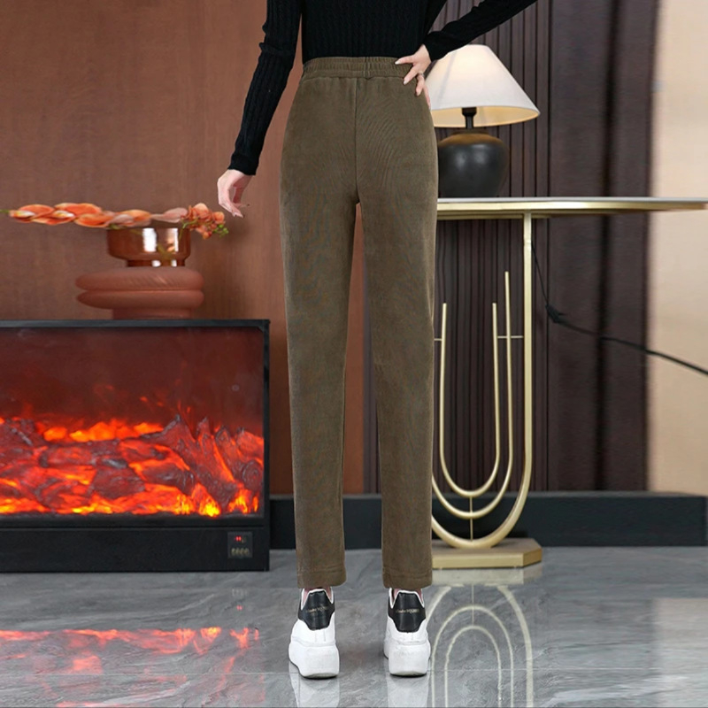 Кежуъл панталони с подплата от плюш, висока талия, права кройка, 90–95% полиестер, микроеластичност, есенно-зимно 2025