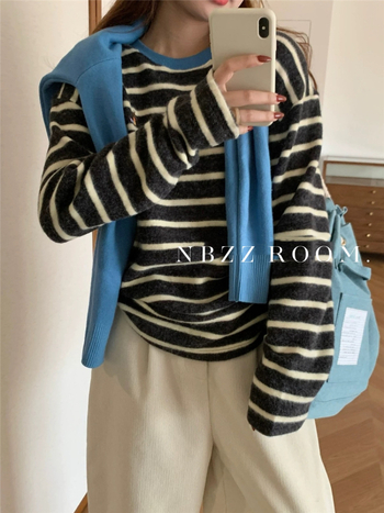 Тениска с райета, корейски ежедневен пуловер, дълги ръкави, кръгло деколте, свободна кройка