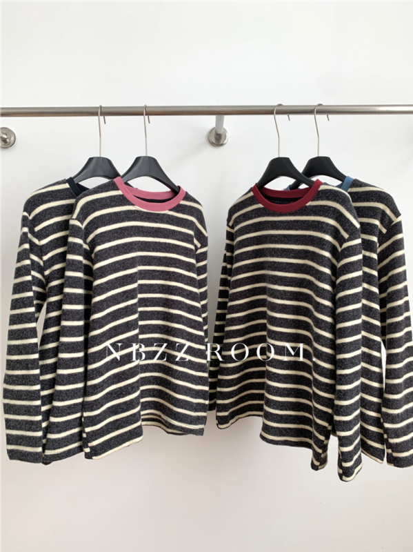 Тениска с райета, корейски ежедневен пуловер, дълги ръкави, кръгло деколте, свободна кройка