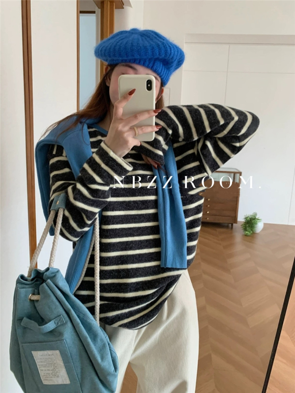 Тениска с райета, корейски ежедневен пуловер, дълги ръкави, кръгло деколте, свободна кройка