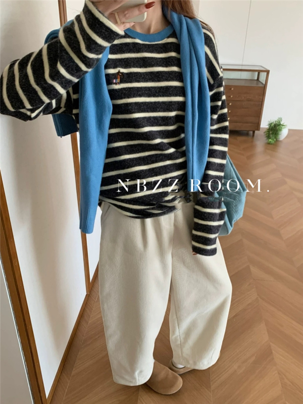 Тениска с райета, корейски ежедневен пуловер, дълги ръкави, кръгло деколте, свободна кройка