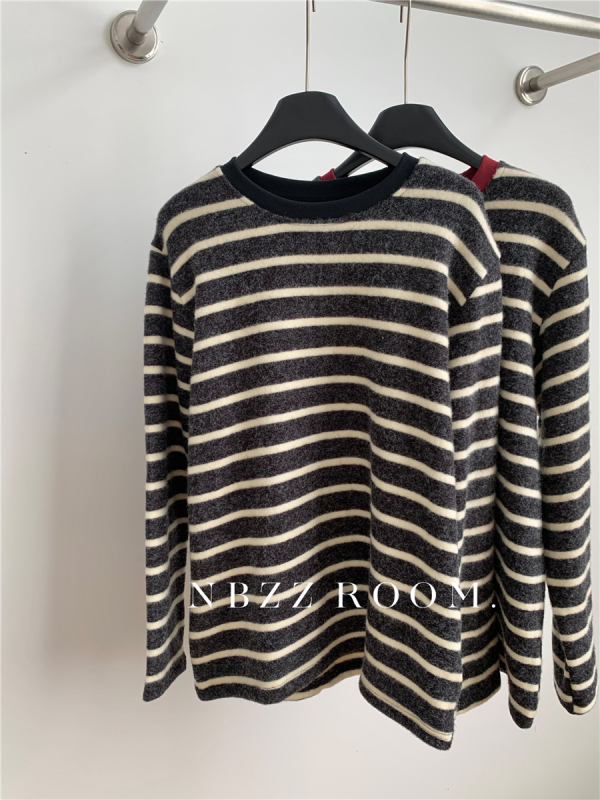 Тениска с райета, корейски ежедневен пуловер, дълги ръкави, кръгло деколте, свободна кройка