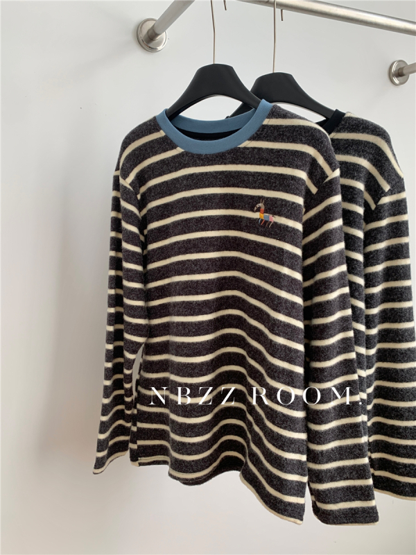 Тениска с райета, корейски ежедневен пуловер, дълги ръкави, кръгло деколте, свободна кройка