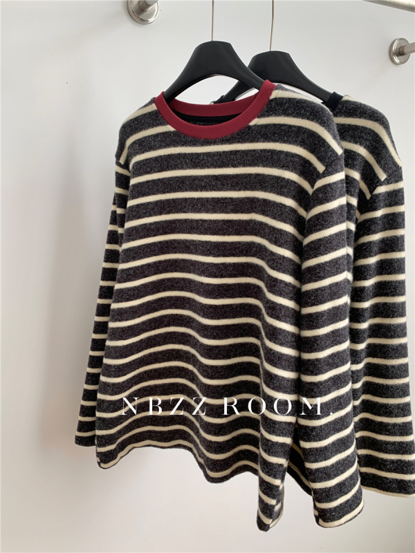 Тениска с райета, корейски ежедневен пуловер, дълги ръкави, кръгло деколте, свободна кройка