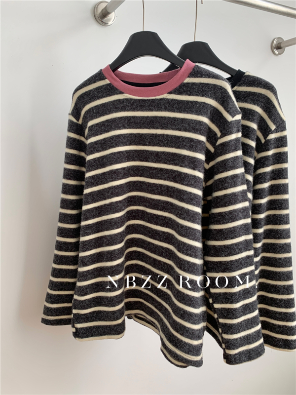 Тениска с райета, корейски ежедневен пуловер, дълги ръкави, кръгло деколте, свободна кройка