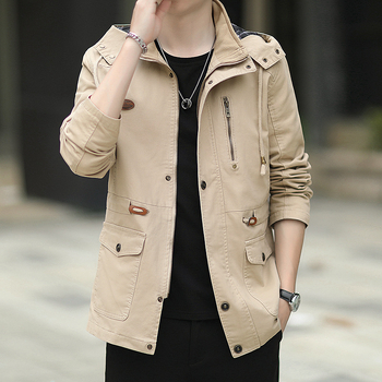 Мъжко памучно изпрано яке с качулка, свободен модел, средна дължина, цип, мултиджобове, корейски стил, за есен, подплата полиестер 100%