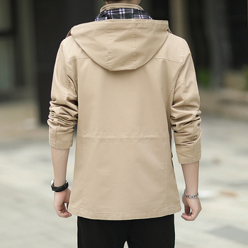 Мъжко памучно изпрано яке с качулка, свободен модел, средна дължина, цип, мултиджобове, корейски стил, за есен, подплата полиестер 100%
