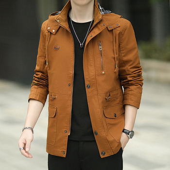 Мъжко памучно изпрано яке с качулка, свободен модел, средна дължина, цип, мултиджобове, корейски стил, за есен, подплата полиестер 100%