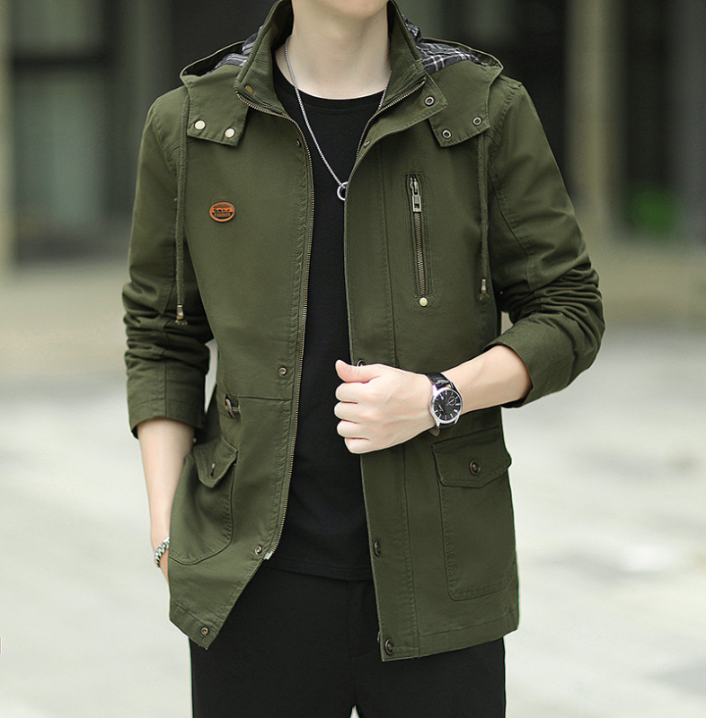 Мъжко памучно изпрано яке с качулка, свободен модел, средна дължина, цип, мултиджобове, корейски стил, за есен, подплата полиестер 100%