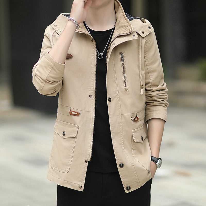 Мъжко памучно изпрано яке с качулка, свободен модел, средна дължина, цип, мултиджобове, корейски стил, за есен, подплата полиестер 100%