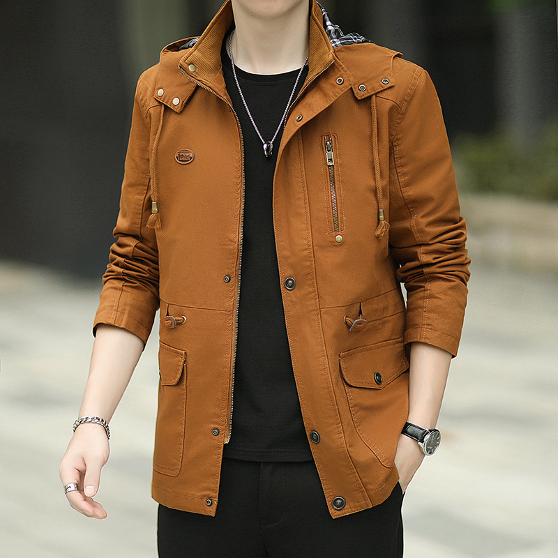 Мъжко памучно изпрано яке с качулка, свободен модел, средна дължина, цип, мултиджобове, корейски стил, за есен, подплата полиестер 100%