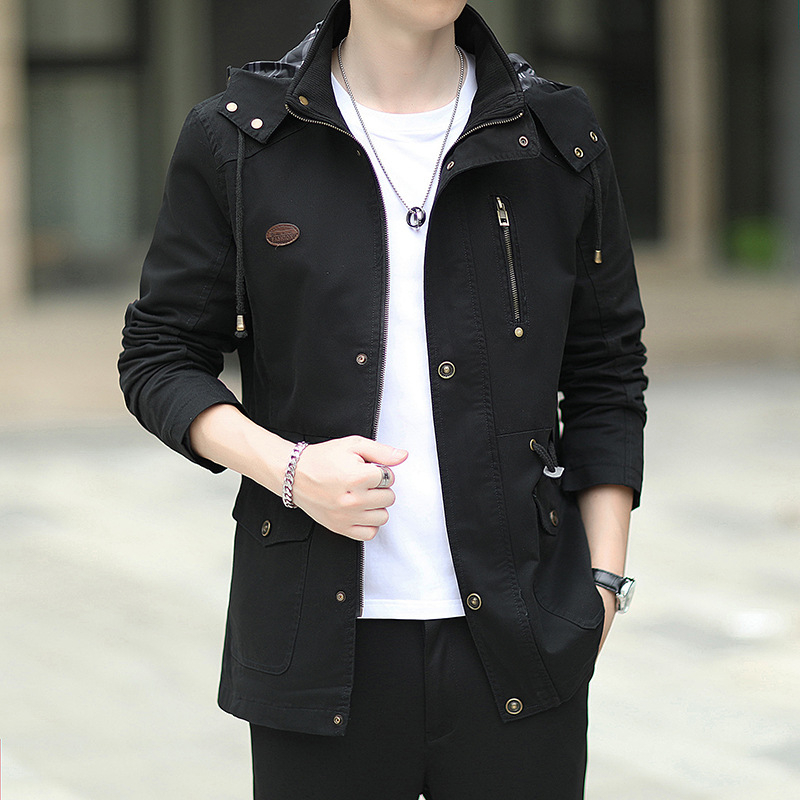 Мъжко памучно изпрано яке с качулка, свободен модел, средна дължина, цип, мултиджобове, корейски стил, за есен, подплата полиестер 100%