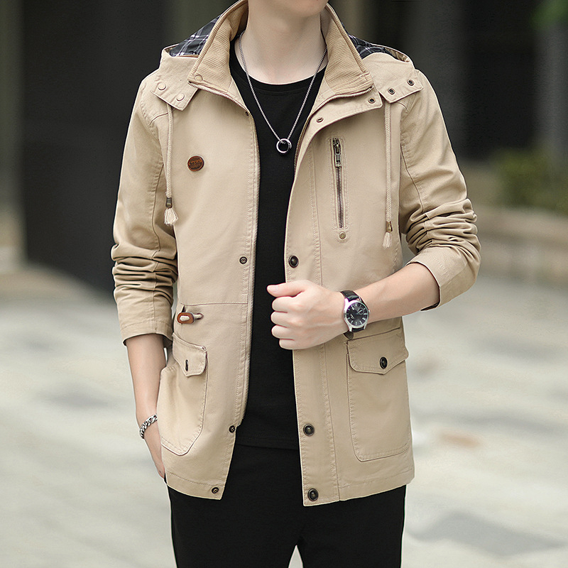 Мъжко памучно изпрано яке с качулка, свободен модел, средна дължина, цип, мултиджобове, корейски стил, за есен, подплата полиестер 100%