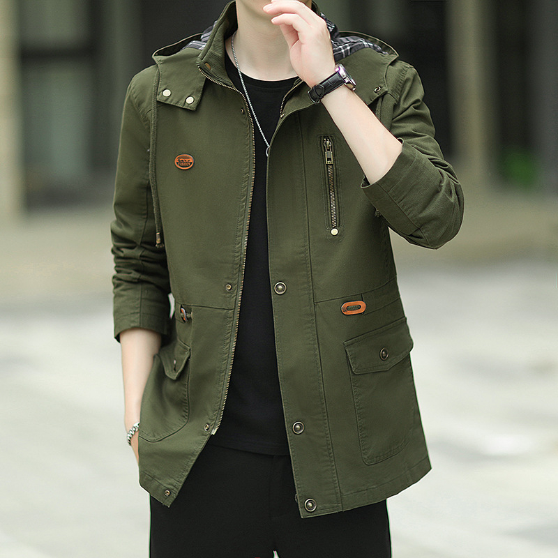 Мъжко памучно изпрано яке с качулка, свободен модел, средна дължина, цип, мултиджобове, корейски стил, за есен, подплата полиестер 100%