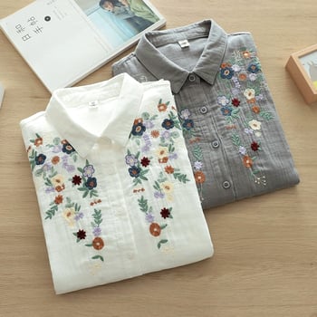 Ženska košulja s dugim rukavima od pamuk gaze, florijalna izšivka, kardigan stil, književni retro, slobodan kroj