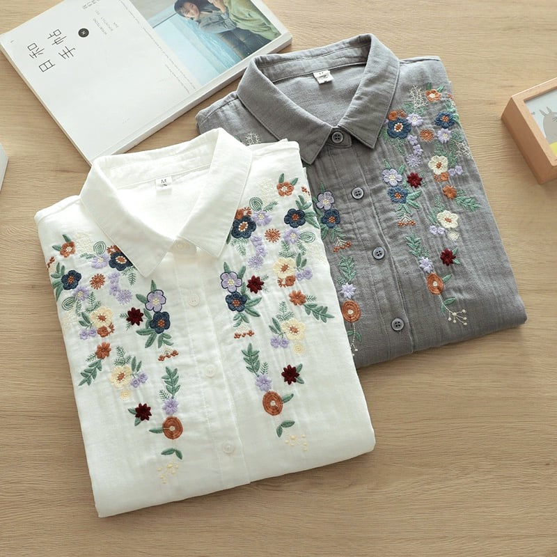 Ženska košulja s dugim rukavima od pamuk gaze, florijalna izšivka, kardigan stil, književni retro, slobodan kroj