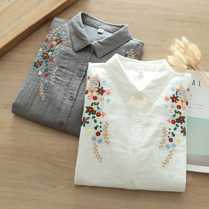 Ženska košulja s dugim rukavima od pamuk gaze, florijalna izšivka, kardigan stil, književni retro, slobodan kroj