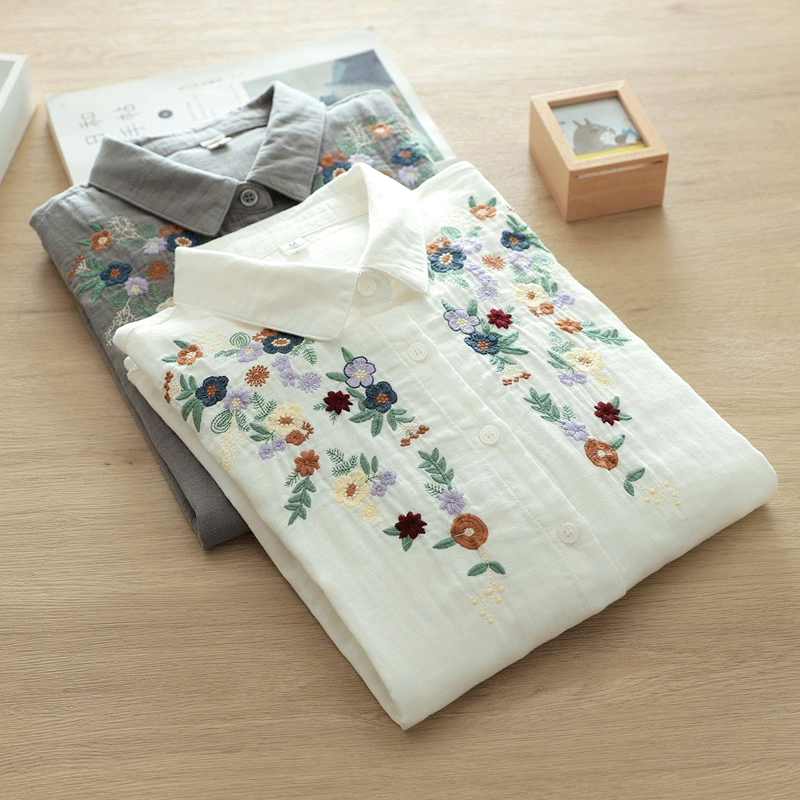 Ženska košulja s dugim rukavima od pamuk gaze, florijalna izšivka, kardigan stil, književni retro, slobodan kroj