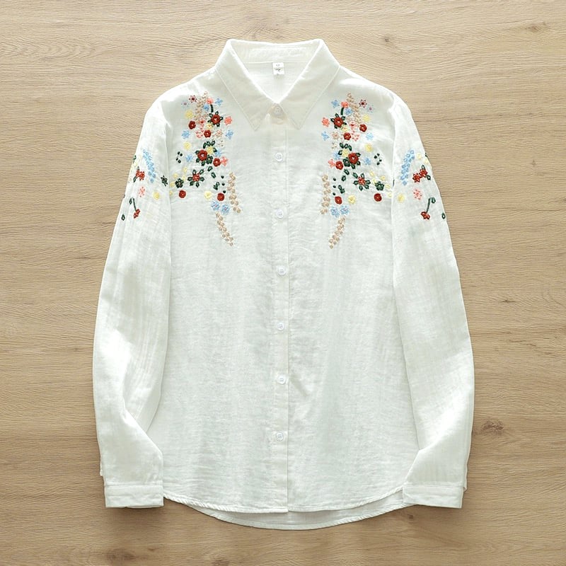 Ženska košulja s dugim rukavima od pamuk gaze, florijalna izšivka, kardigan stil, književni retro, slobodan kroj
