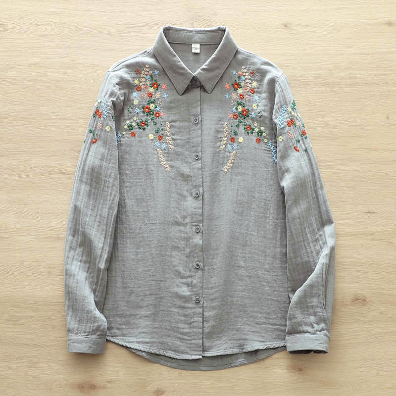 Ženska košulja s dugim rukavima od pamuk gaze, florijalna izšivka, kardigan stil, književni retro, slobodan kroj