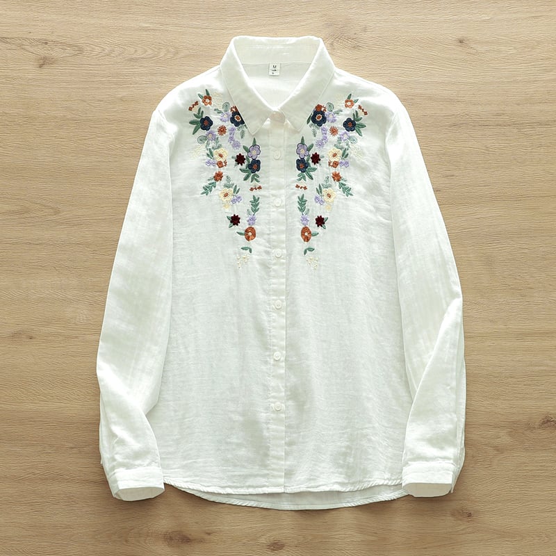 Ženska košulja s dugim rukavima od pamuk gaze, florijalna izšivka, kardigan stil, književni retro, slobodan kroj