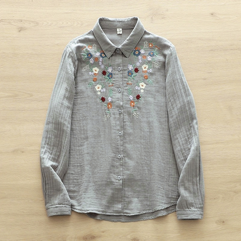 Ženska košulja s dugim rukavima od pamuk gaze, florijalna izšivka, kardigan stil, književni retro, slobodan kroj