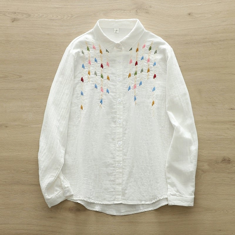 Ženska košulja s dugim rukavima od pamuk gaze, florijalna izšivka, kardigan stil, književni retro, slobodan kroj