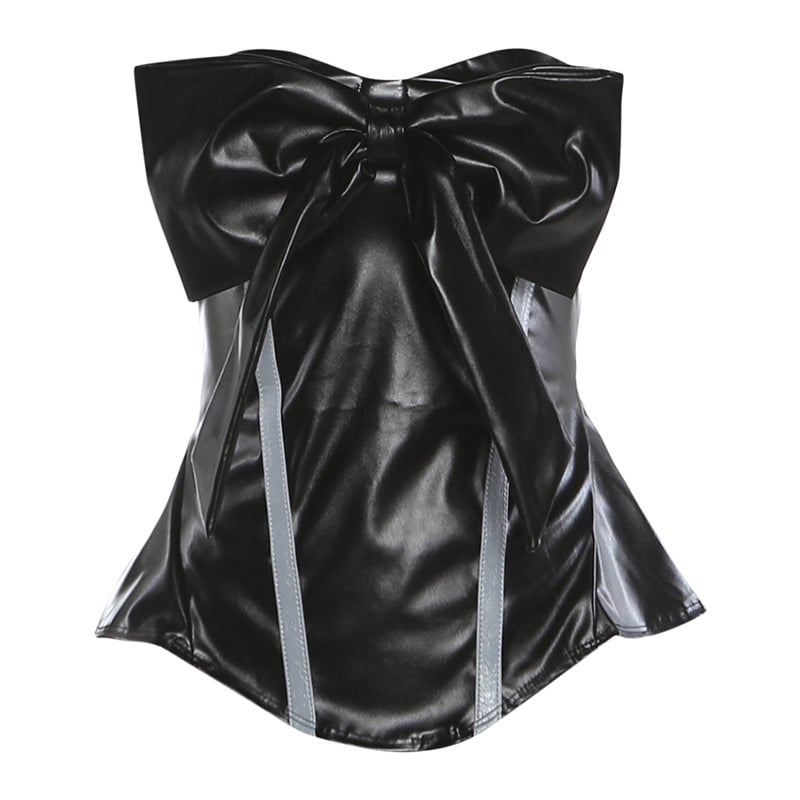 Váll nélküli csőtop masnival, szűk szabás, PU- és poliészter anyag (50–70% PU, 30–50% poliészter)