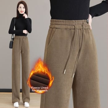 Ženske hlače za jesen/zimu s flis podstavom, ravni kroj, visok pas, vezanje, casual stil