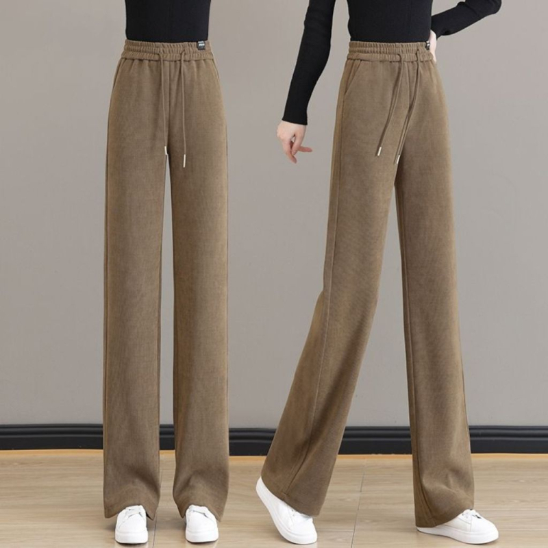 Ženske hlače za jesen/zimu s flis podstavom, ravni kroj, visok pas, vezanje, casual stil