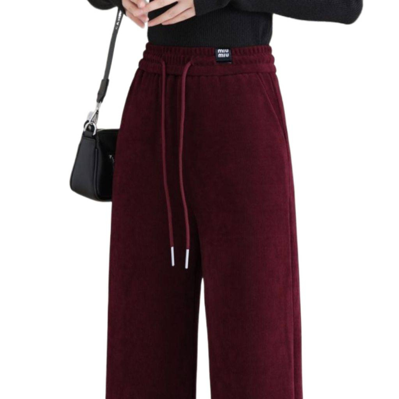 Ženske hlače za jesen/zimu s flis podstavom, ravni kroj, visok pas, vezanje, casual stil