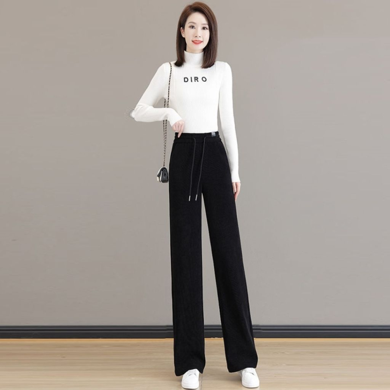 Ženske hlače za jesen/zimu s flis podstavom, ravni kroj, visok pas, vezanje, casual stil