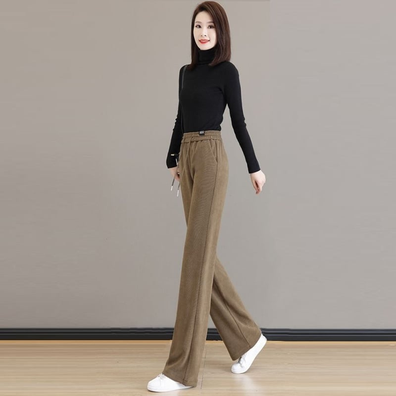 Ženske hlače za jesen/zimu s flis podstavom, ravni kroj, visok pas, vezanje, casual stil