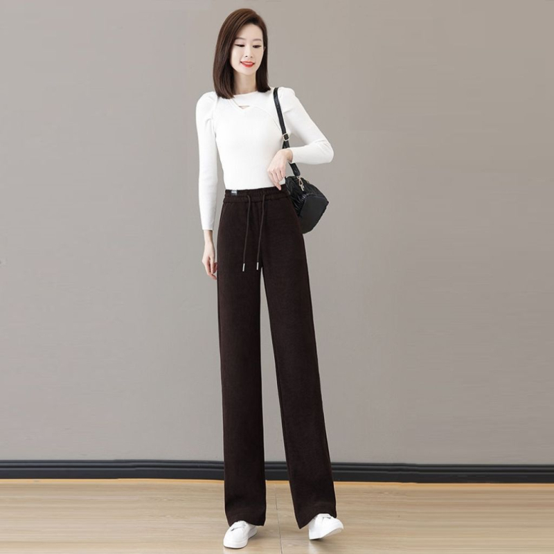 Ženske hlače za jesen/zimu s flis podstavom, ravni kroj, visok pas, vezanje, casual stil