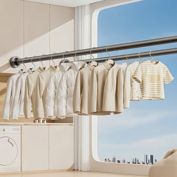 Teleskopska šipka za odjeću u garderobi — bez bušenja, od ugljičnog čelika, moderan minimalistički stil, balkon za sušenje