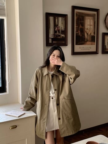 Paltonă damă în stil coreean, croială lejeră, lungime medie, guler Turn-Down, amestec de bumbac 70–80%, închidere frontală cu nasturi