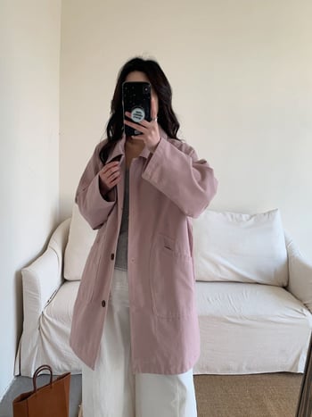 Paltonă damă în stil coreean, croială lejeră, lungime medie, guler Turn-Down, amestec de bumbac 70–80%, închidere frontală cu nasturi