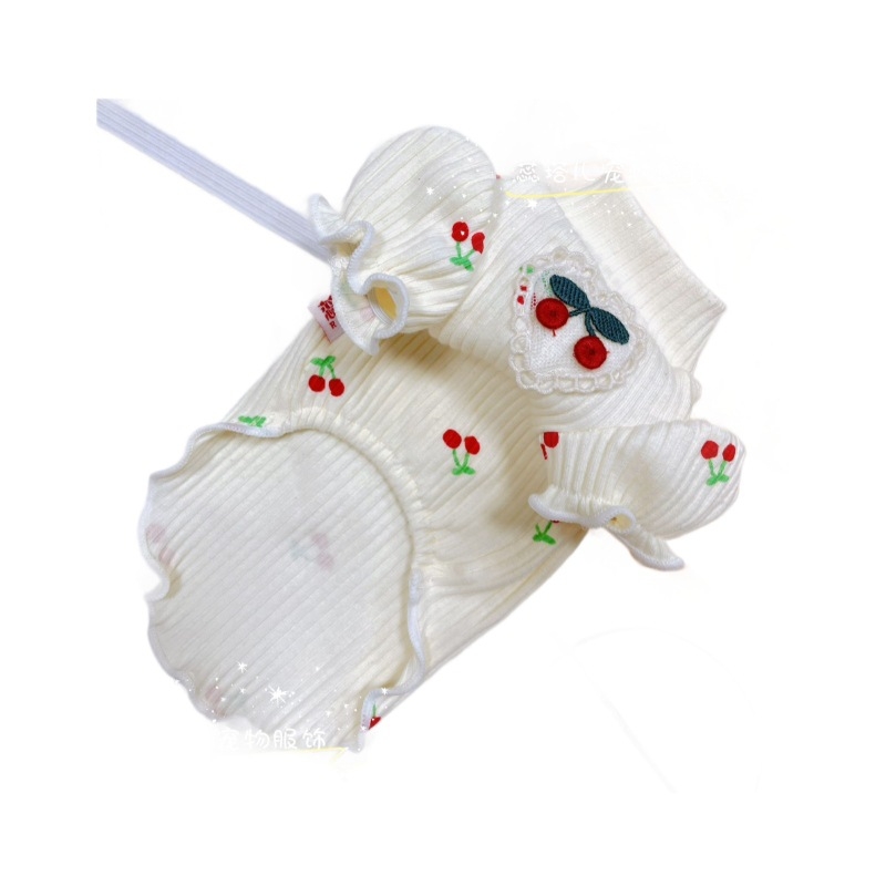 Osnovna majica za kućne ljubimce s printom trešnje, teddy puff rukavi, pleteni, visoka elastičnost (Materijal: pamuk • Marka: Rita • Stil: Japan i Koreja • IP odobrenje: Da)