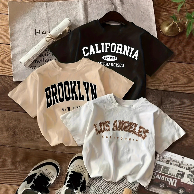 Tricou T‑shirt cu imprimeu litere (Bumbac 95%+, guler rotund, mâneci scurte, transfer termic)