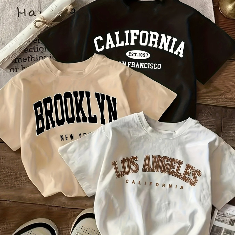 Tricou T‑shirt cu imprimeu litere (Bumbac 95%+, guler rotund, mâneci scurte, transfer termic)