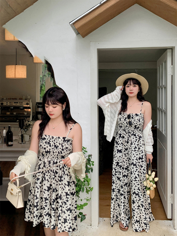 Ženski kombinezon – visok struk, široke hlače, poliester, retro cvjetni uzorak, ljeto 2024