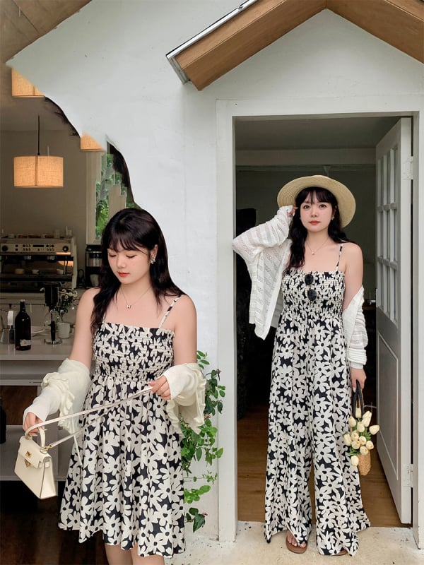 Ženski kombinezon – visok struk, široke hlače, poliester, retro cvjetni uzorak, ljeto 2024