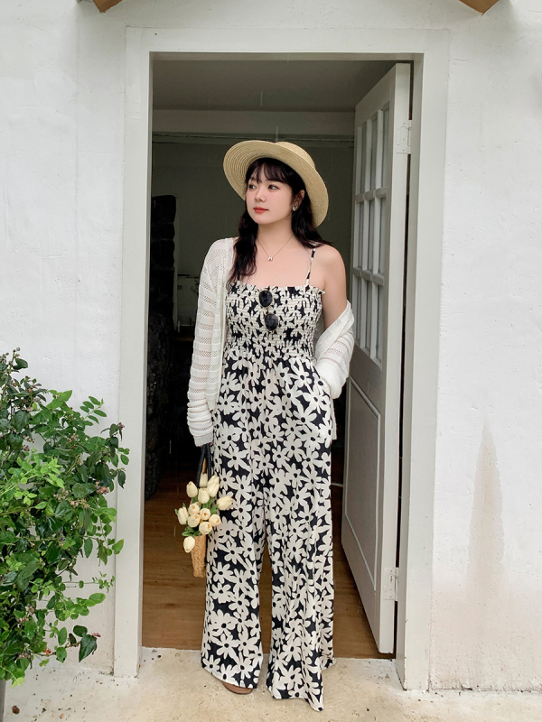 Ženski kombinezon – visok struk, široke hlače, poliester, retro cvjetni uzorak, ljeto 2024