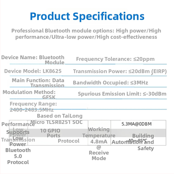 Lianke LK8625 Bluetooth 5.0 BLE modul pre inteligentnú domácnosť, bezdrôtový prijímač 2.4 GHz, 20 dBm EIRP, kód produktu 001