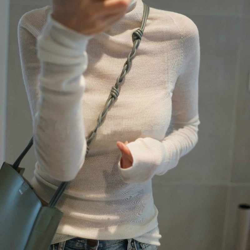 Pulover pentru femei din amestec de lână, subțire, cu guler înalt, mâneci lungi, croială slim