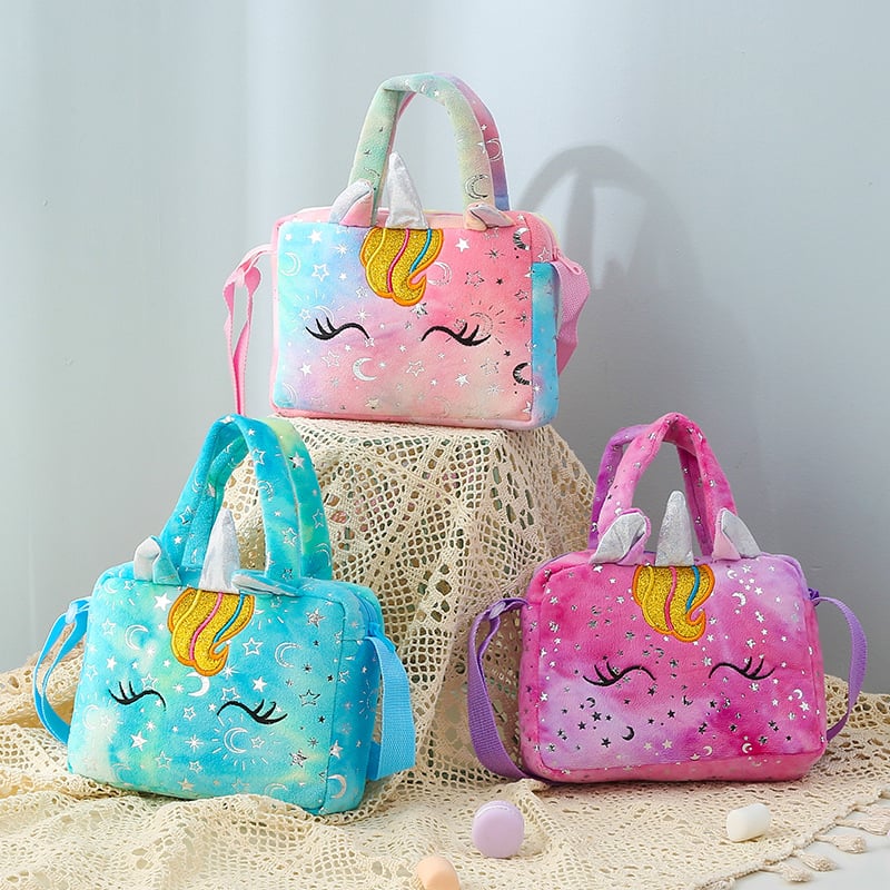 Jednorog Pliš Čanta za Ramena za Djecu, Tie-Dye Uzorak, Kratka Crossbody Torba za Skladištenje, Duhopropusna, Lagana, Poliester Podstava, Zima 2021