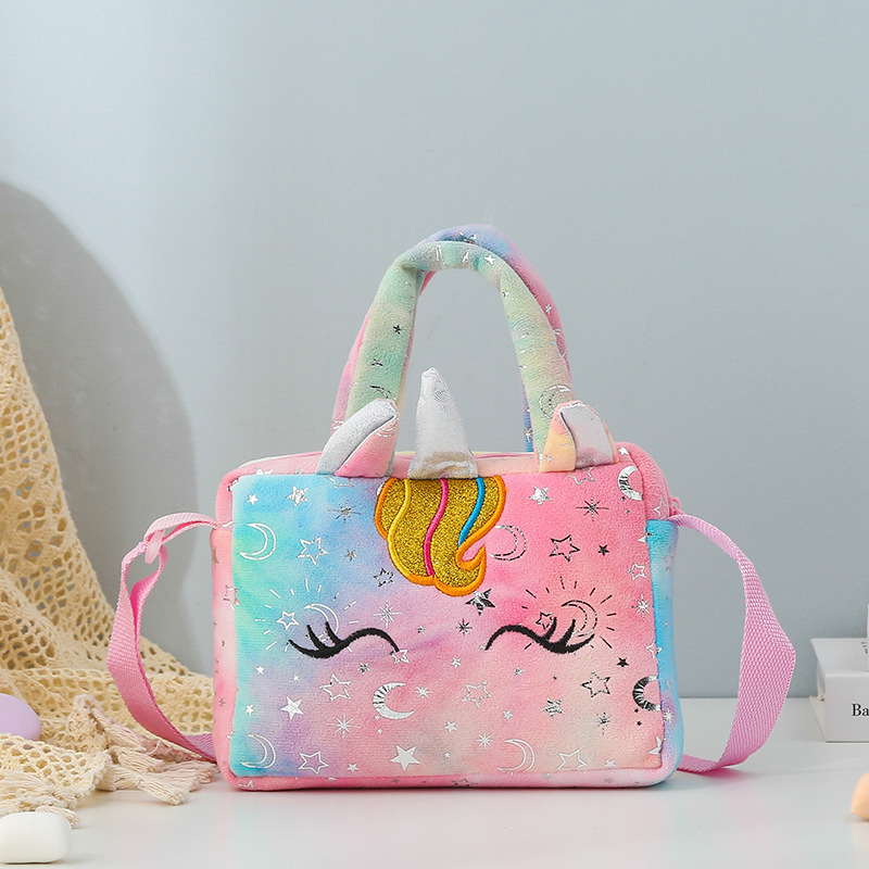 Jednorog Pliš Čanta za Ramena za Djecu, Tie-Dye Uzorak, Kratka Crossbody Torba za Skladištenje, Duhopropusna, Lagana, Poliester Podstava, Zima 2021