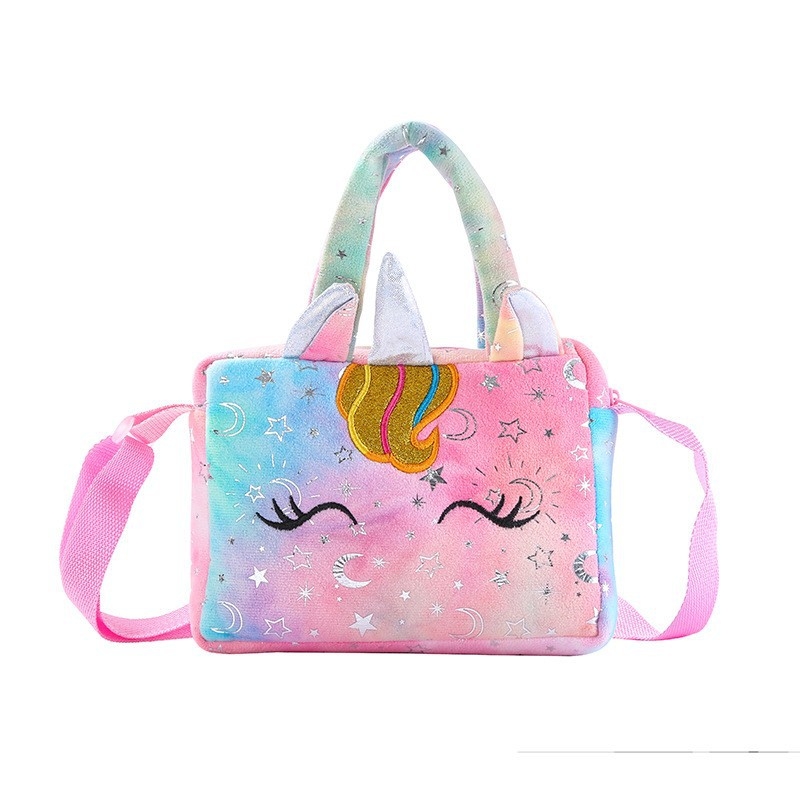 Jednorog Pliš Čanta za Ramena za Djecu, Tie-Dye Uzorak, Kratka Crossbody Torba za Skladištenje, Duhopropusna, Lagana, Poliester Podstava, Zima 2021